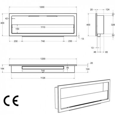 BIOHEAT 1200x400 LINE GLASS TUV BLACK biokamin seinale-sisseehitatav 1