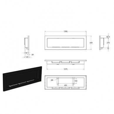 BIOHEAT 1200x400 GLASS TUV BLACK LESS biokamin seinale-sisseehitatav 2